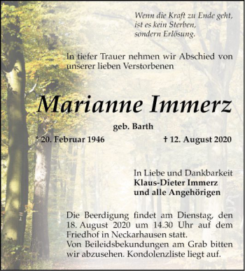 Traueranzeige von Marianne Immerz von Mannheimer Morgen