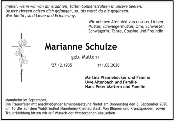 Traueranzeige von Marianne Schulze von Mannheimer Morgen