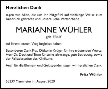 Traueranzeige von Marianne Wühler von Mannheimer Morgen