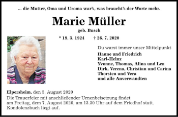 Traueranzeige von Marie Müller von Fränkische Nachrichten