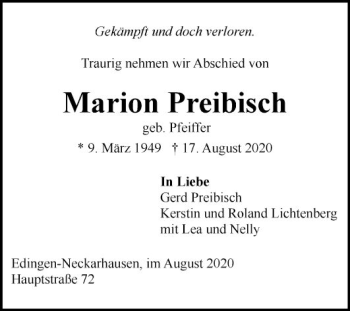 Traueranzeige von Marion Preibisch von Mannheimer Morgen