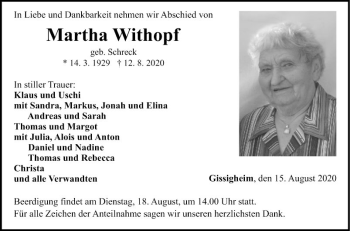 Traueranzeige von Martha Withopf von Fränkische Nachrichten