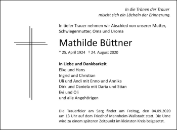 Traueranzeige von Mathilde Büttner von Mannheimer Morgen