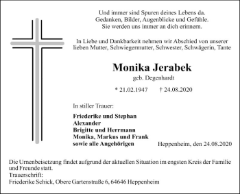 Traueranzeige von Monika Jerabek von Bergsträßer Anzeiger