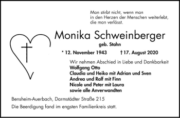 Traueranzeige von Monika Schweinberger von Bergsträßer Anzeiger