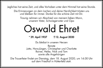 Traueranzeige von Oswald Ehret von Südhessen Morgen