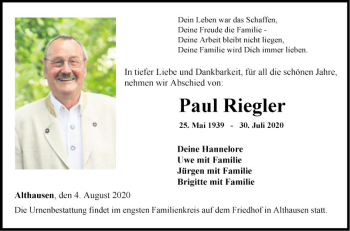 Traueranzeige von Paul Riegler von Fränkische Nachrichten