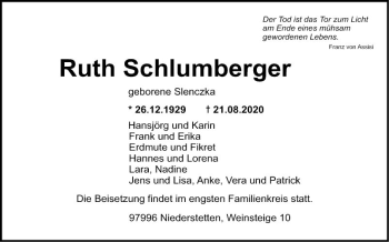 Traueranzeige von Ruth Schlumberger von Fränkische Nachrichten