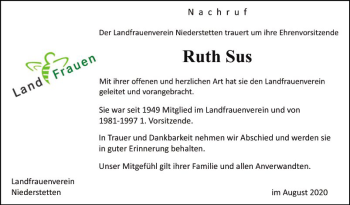 Traueranzeige von Ruth Sus von Fränkische Nachrichten