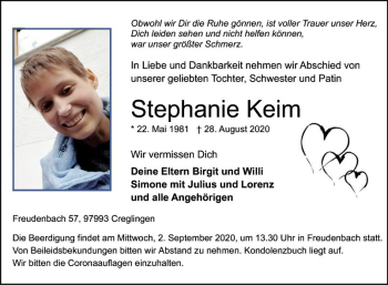 Traueranzeige von Stephanie Keim von Fränkische Nachrichten