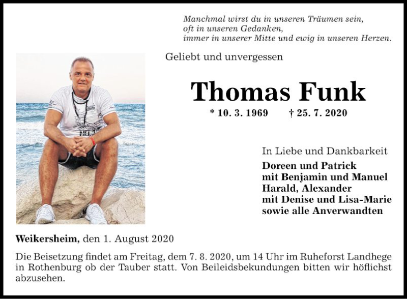  Traueranzeige für Thomas Funk vom 01.08.2020 aus Fränkische Nachrichten