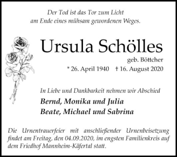 Traueranzeige von Ursula Schölles von Mannheimer Morgen