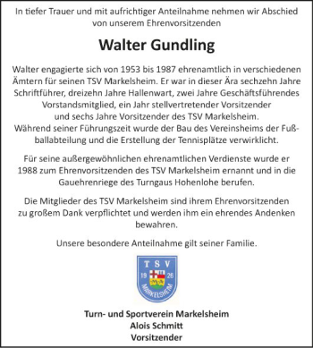 Traueranzeige von Walter Gundling von Fränkische Nachrichten