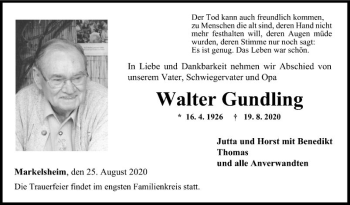 Traueranzeige von Walter Gundling von Fränkische Nachrichten