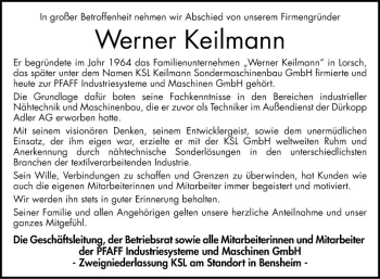 Traueranzeige von Werner Keilmann von Bergsträßer Anzeiger