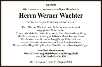 Traueranzeige von Werner Wachter von Fränkische Nachrichten