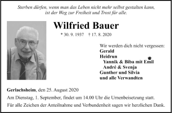 Traueranzeige von Wilfried Bauer von Fränkische Nachrichten