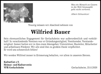 Traueranzeige von Wilfried Bauer von Fränkische Nachrichten