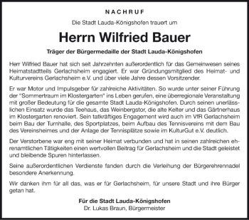 Traueranzeige von Wilfried Bauer von Fränkische Nachrichten