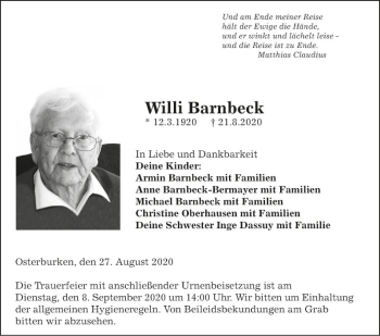 Traueranzeige von Willi Barnbeck von Fränkische Nachrichten