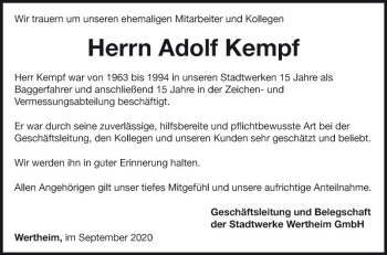 Traueranzeige von Adolf Kempf von Fränkische Nachrichten