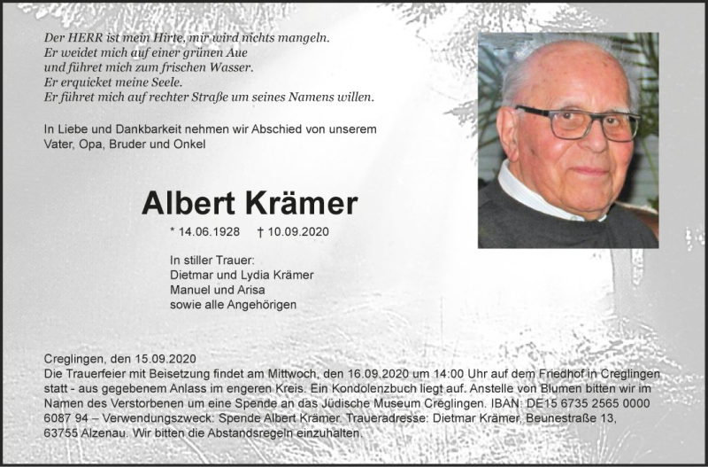  Traueranzeige für Albert Krämer vom 15.09.2020 aus Fränkische Nachrichten