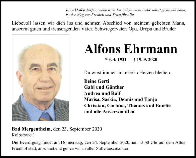  Traueranzeige für Alfons Ehrmann vom 23.09.2020 aus Fränkische Nachrichten