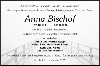 Traueranzeige von Anna Bischof von Schwetzinger Zeitung