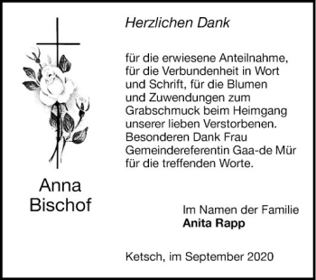 Traueranzeige von Anna Bischof von Schwetzinger Zeitung