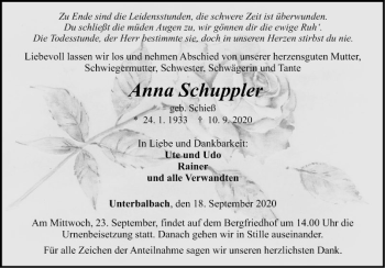 Traueranzeige von Anna Schuppler von Fränkische Nachrichten