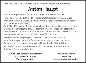 Traueranzeige von Anton Haupt von Fränkische Nachrichten