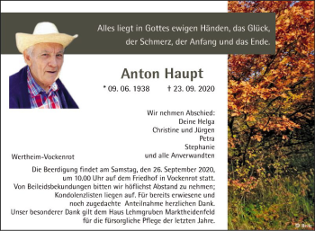 Traueranzeige von Anton Haupt von Fränkische Nachrichten