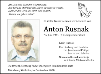 Traueranzeige von Anton Rusnak von Fränkische Nachrichten