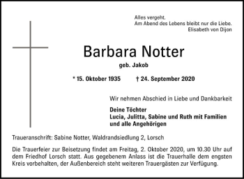 Traueranzeige von Barbara Notter von Bergsträßer Anzeiger