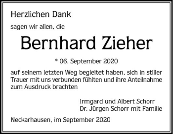 Traueranzeige von Bernhard Zieher von Mannheimer Morgen