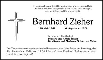 Traueranzeige von Bernhard Zieher von Mannheimer Morgen