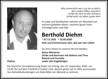 Traueranzeige von Berthold Diehm von Fränkische Nachrichten