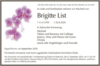 Traueranzeige von Brigitte List von Schwetzinger Zeitung