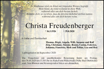 Traueranzeige von Christa Freudenberger von Mannheimer Morgen