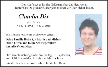 Traueranzeige von Claudia Dix von Fränkische Nachrichten