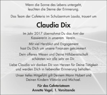 Traueranzeige von Claudia Dix von Fränkische Nachrichten