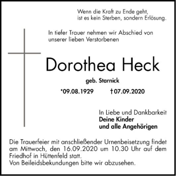 Traueranzeige von Dorothea Heck von Südhessen Morgen