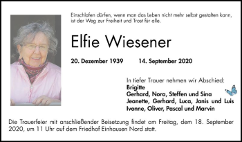 Traueranzeige von Elfie Wiesener von Bergsträßer Anzeiger