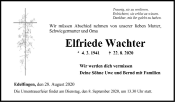 Traueranzeige von Elfriede Wachter von Fränkische Nachrichten