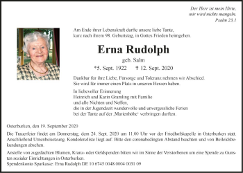 Traueranzeige von Erna Rudolph von Fränkische Nachrichten