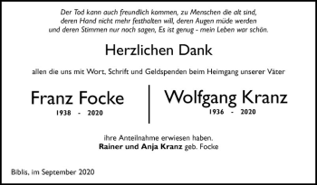 Traueranzeige von Franz Focke von Mannheimer Morgen