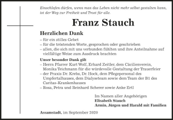 Traueranzeige von Franz Stauch von Fränkische Nachrichten