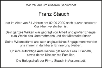 Traueranzeige von Franz Stauch von Fränkische Nachrichten