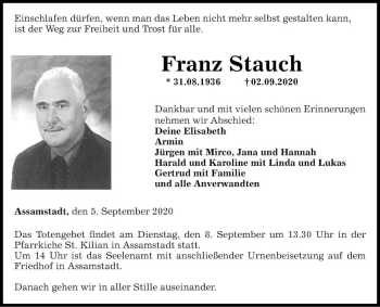 Traueranzeige von Franz Stauch von Fränkische Nachrichten