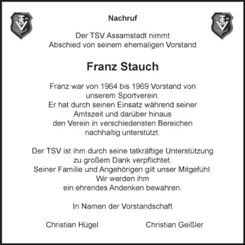 Traueranzeige von Franz Stauch von Fränkische Nachrichten